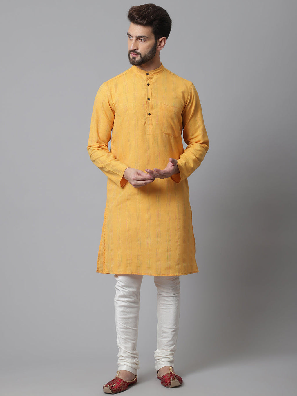 Even Apparels Yellow Kurta With Band Collar