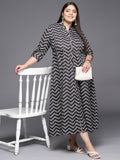 Ahalyaa Plus Size Chevron Print Crepe Mandarin Collar A-line Midi Ethnic Dress