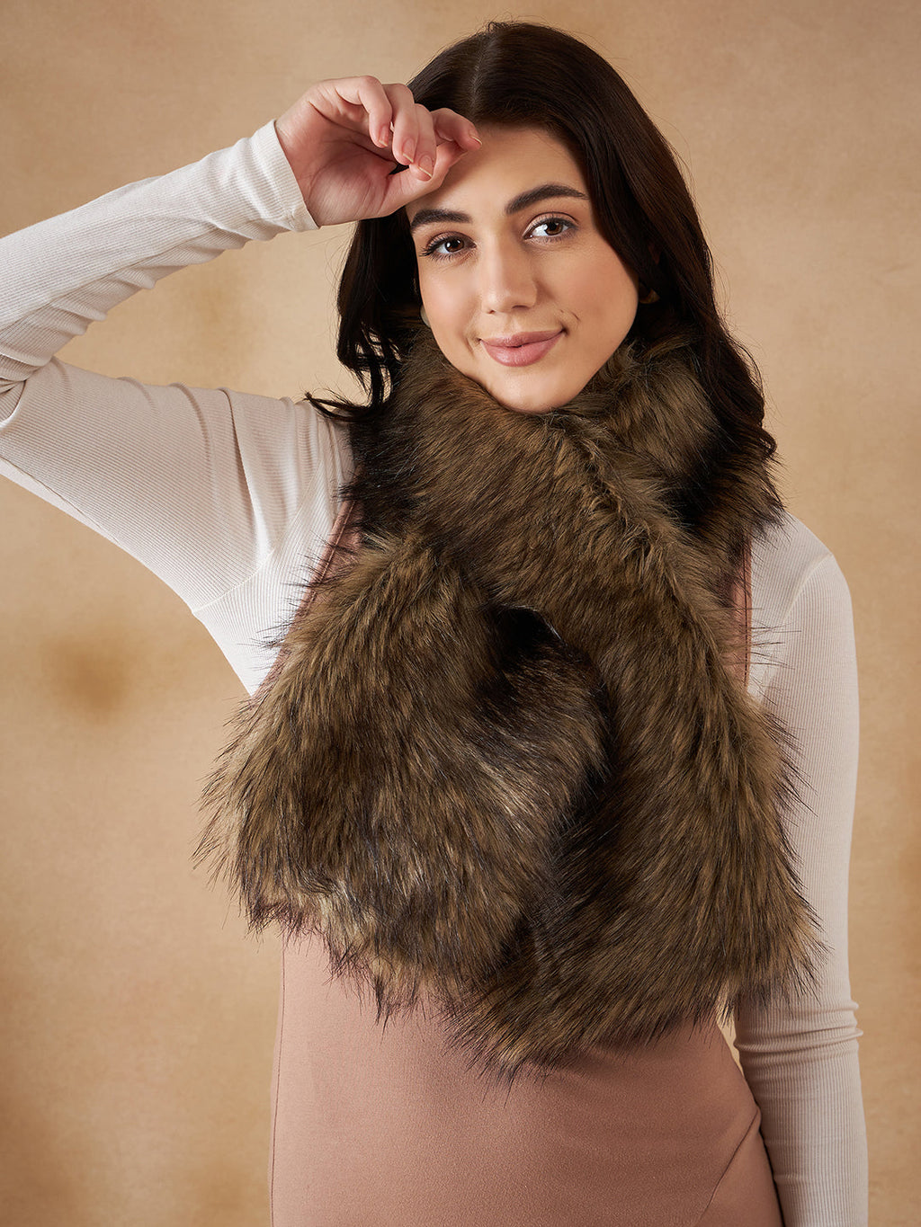 InWeave Women's Beige Print Faux Fur Neck Warmer