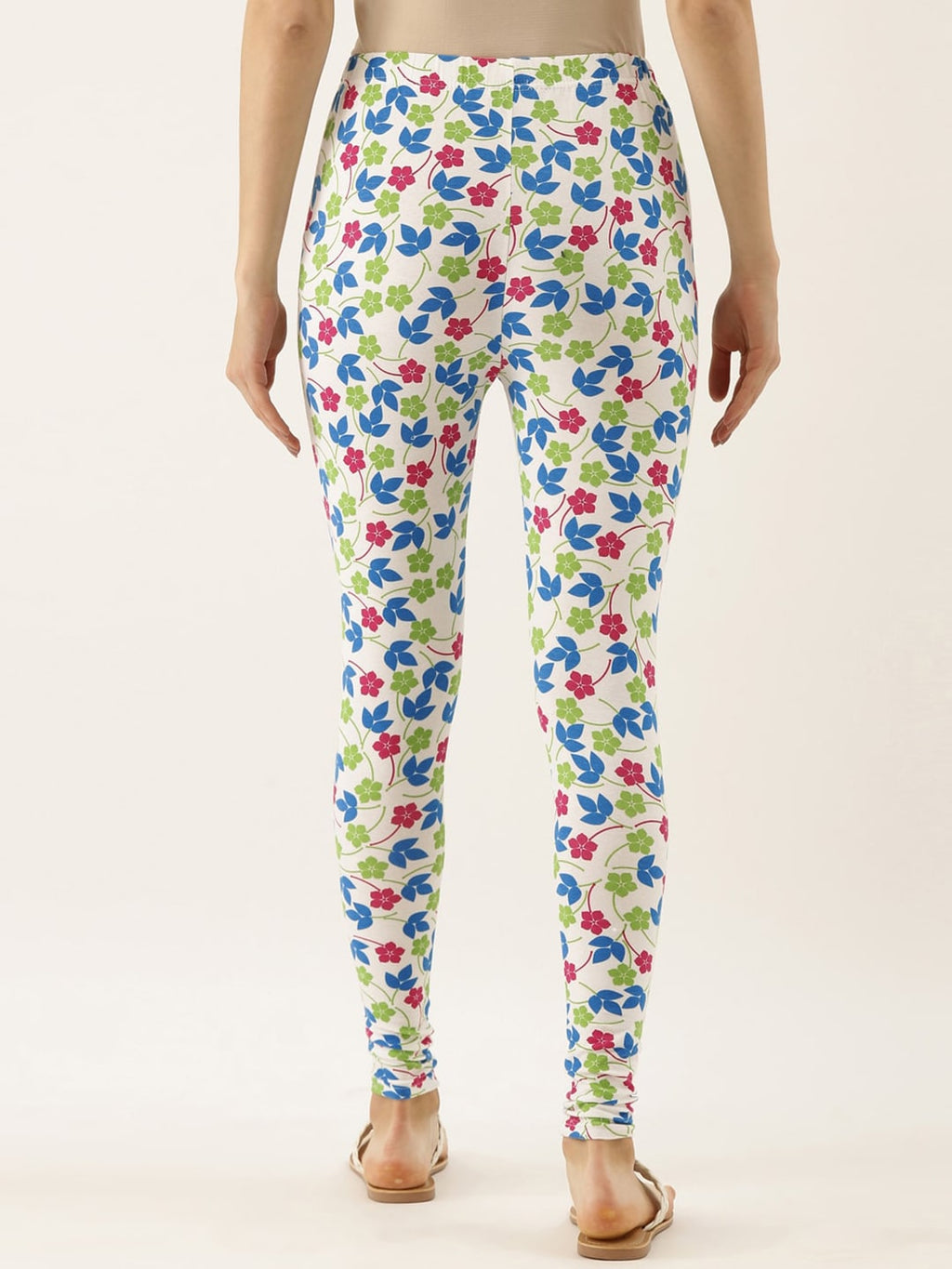 Souchii White & Blue Printed Slim-Fit Ankle-Length Leggings