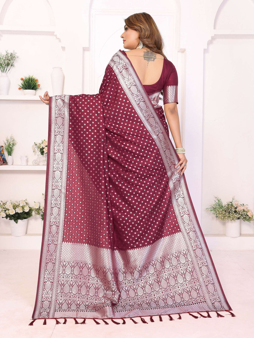 Aastha Fashion Wine Georgette Silk Zari Weaving Saree