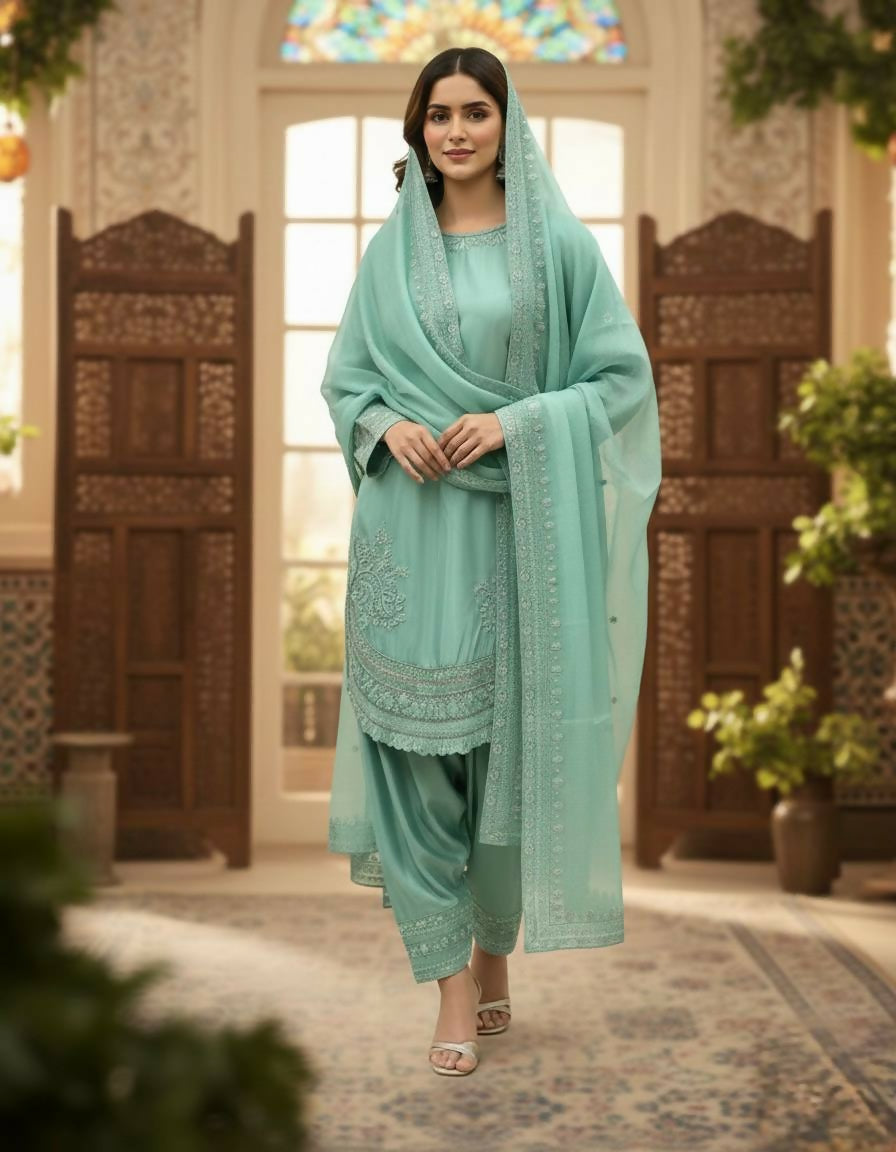 Teeya Creation Turquoise Color Natural Creap Silk Designer Fancy Party Wear Salwar Suit