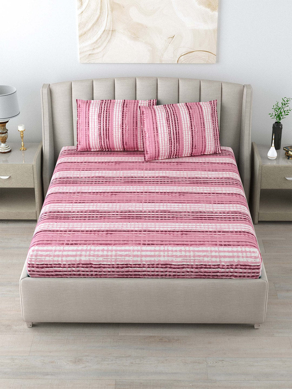 DREAM WEAVERZ Pink Striped Pure Cotton 220 TC King Bedsheet With 2 Pillow Covers