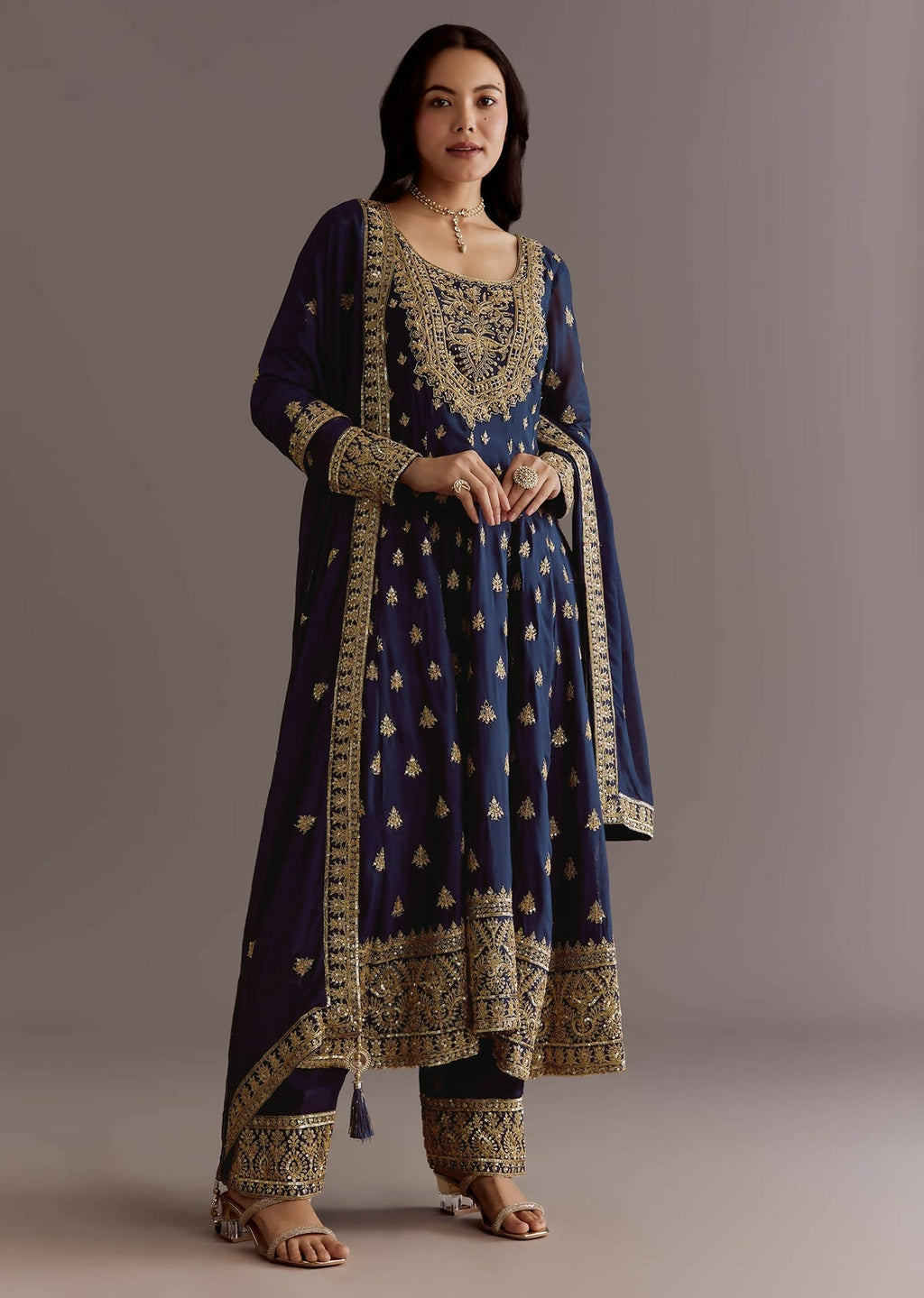 Teeya Creation Blue Color Chinnon Silk Embroidery Work Gown