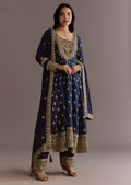 Teeya Creation Blue Color Chinnon Silk Embroidery Work Gown