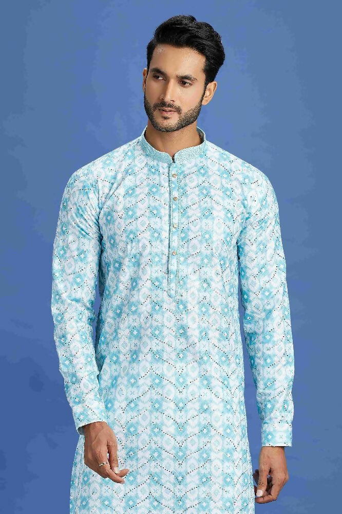 Raivat Ethnic Cotton Embroidery Kurta Pajama In Sky Blue Colour