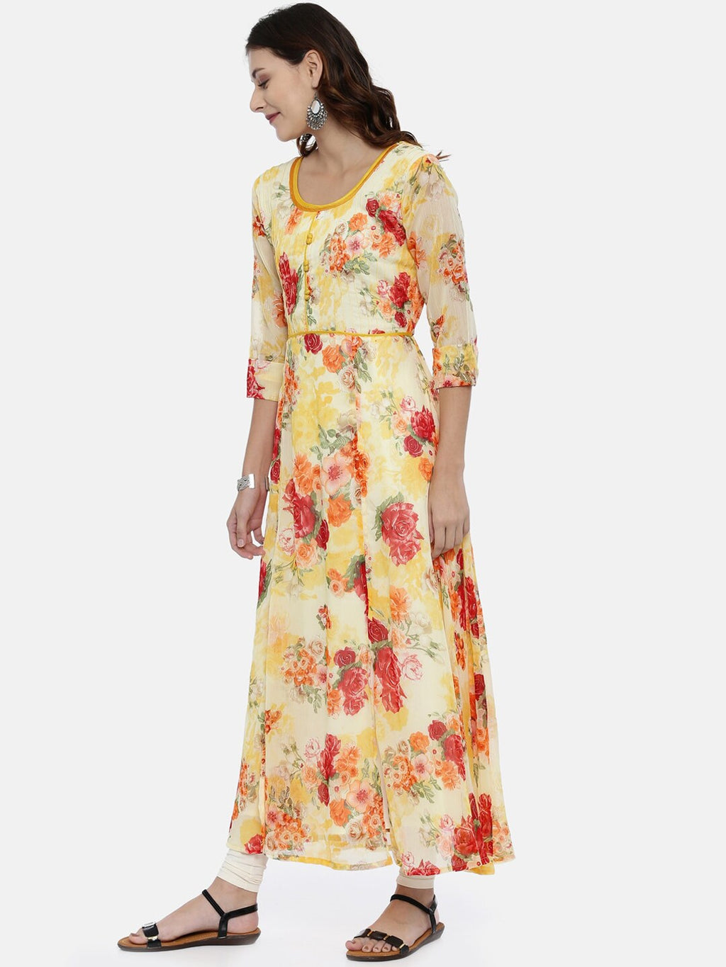 Souchii Yellow Printed A-Line Kurta