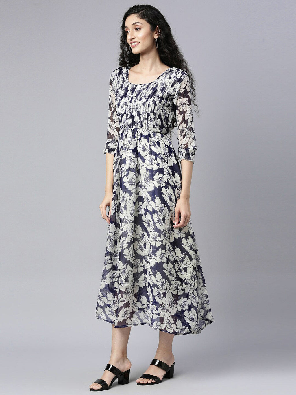 Souchii Floral Printed Chiffon Empire Midi Dress