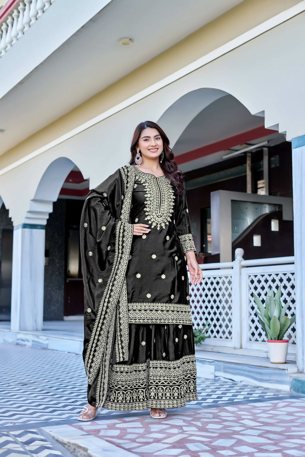 Teeya Creation Black Color Chinon Silk Heavy Embroidery Work Wedding Wear Sharara