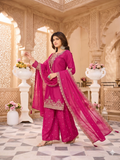 Teeya Creation Womens New Stylish Silk Embroidered Pink Sharara Suit With Golden Zari Work And Lace Border Dupatta