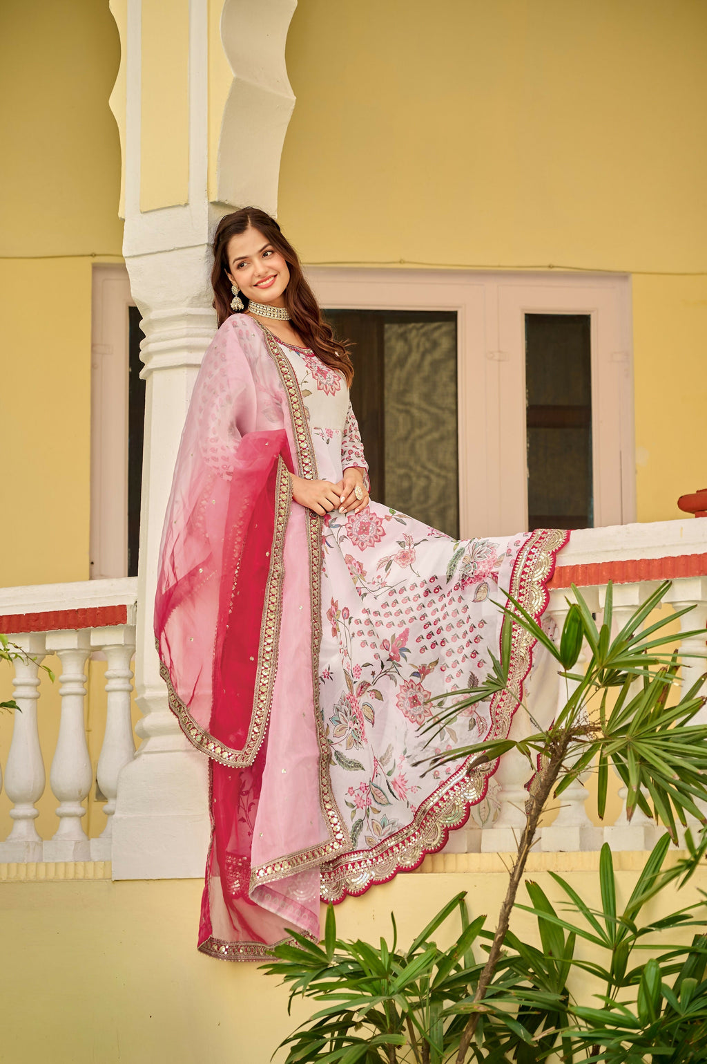 Joban Fashion Pink/white Kurta Set Georgette Embroidery Sequence Work