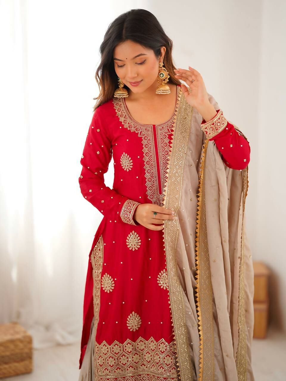 Lehenga Mart Designer Sharara Suit With Kurta, Sharara, Dupatta For Women-Red
