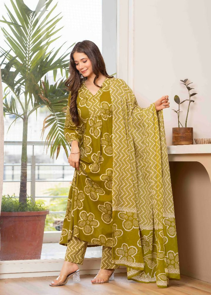 Jaimini Women Cotton Printed V-Neck 3/4 Sleeves Calf Length Flared Kurta Pant And Dupatta Set