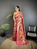 Joban Fashion Reddish Pink Peacocks Flowers & Leaves Soft Silk Paithani Saree
