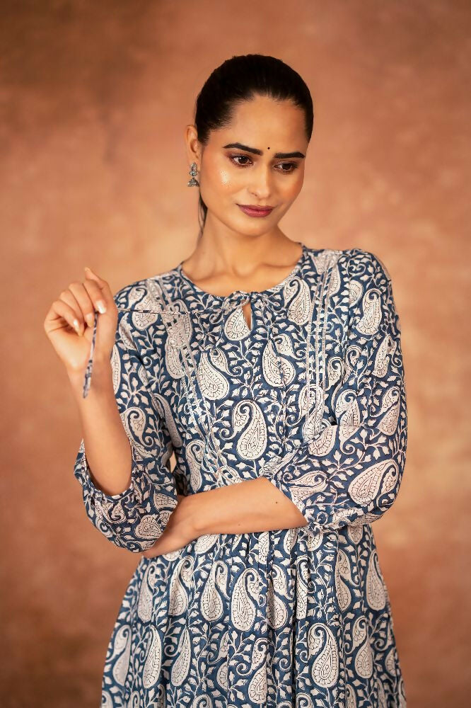Joban Fashion Blue Floral Hand Block Printed Cotton Kurta Pant Set