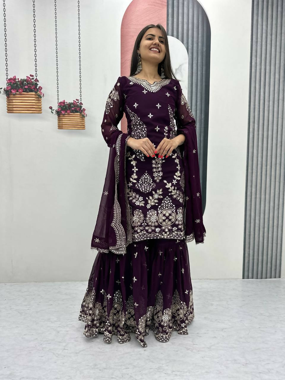 Teeya Creation Womens New Heavy Fox Georgette Fabric With Heavy Embroidery Work Wine Kurta Set
