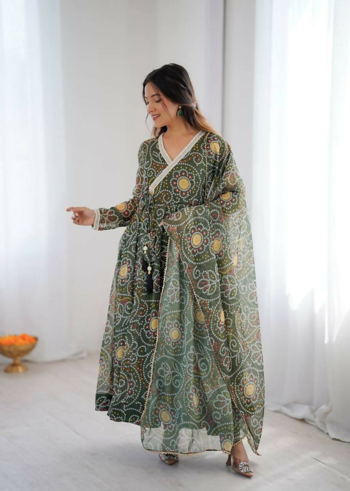 Teeya Creation Green Soft Organza Digital Printed Functional Wear Trending Long Gown