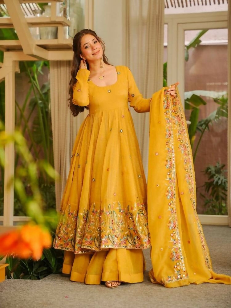 Teeya Creation Yellow Color Crunchy Silk Fancy Wedding Wear Palazzo Set