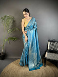 Joban Fashion Aqua Blue Floral & Paisley Motifs Soft Satin Silk Banarasi Saree