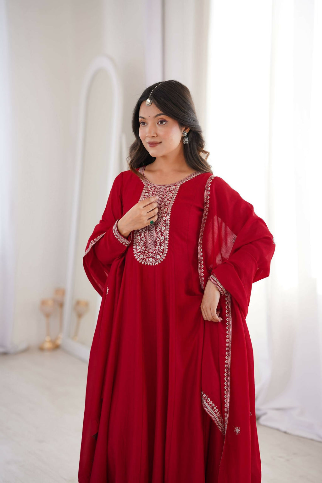 Teeya Creation Maroon Color Vichitra Silk Embroidery Work Party Wear Long Gown