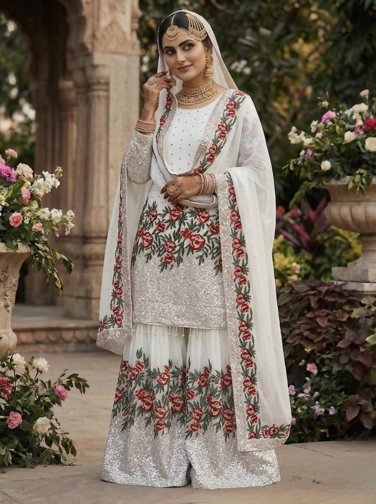 Teeya Creation White Fendy Silk Heavy Embroidery Work Party Wear Sharara Suit