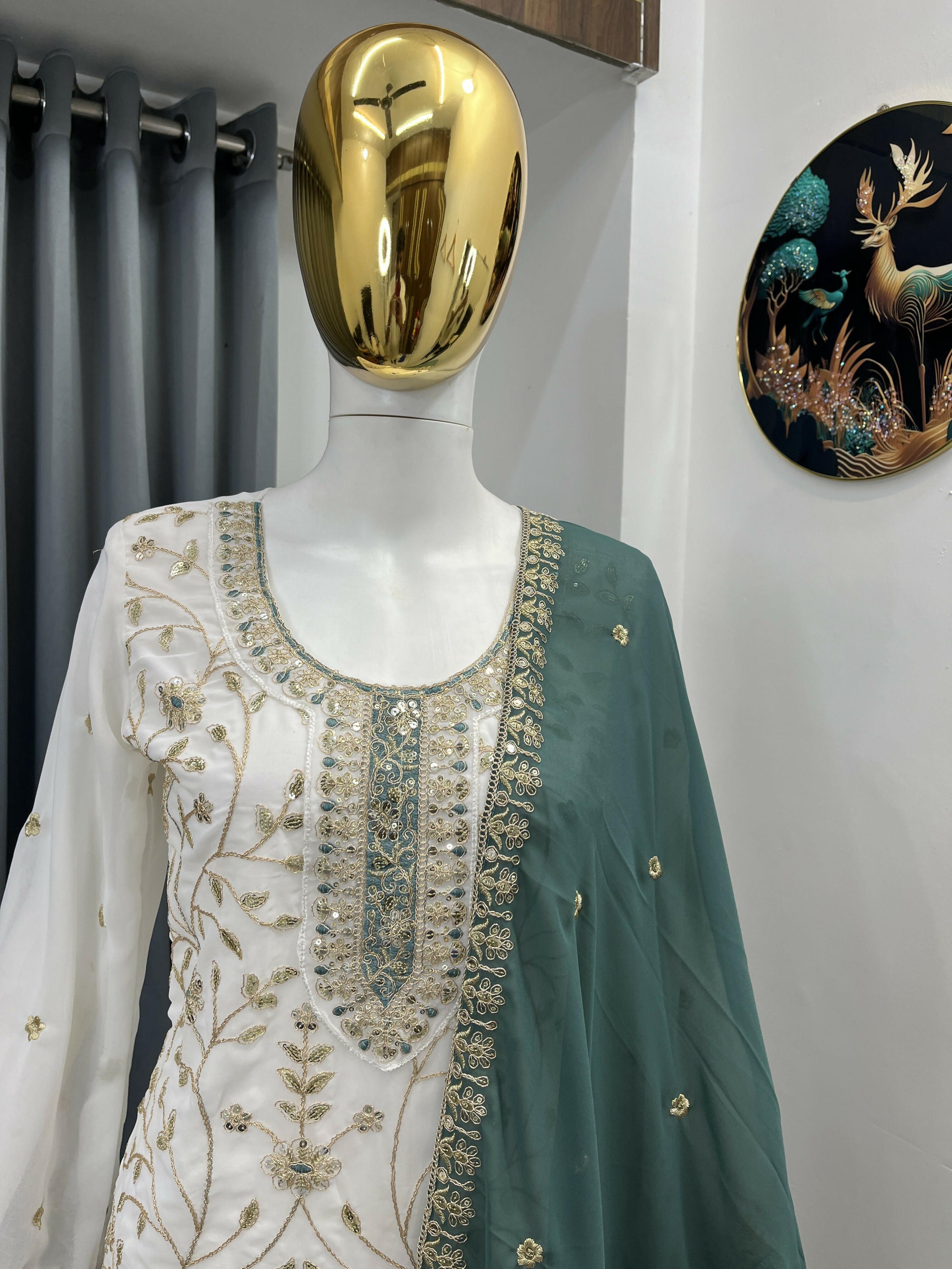 Teeya Creation White Color Faux Georgette Embroidery Work Long Party Wear Palazzo Suit