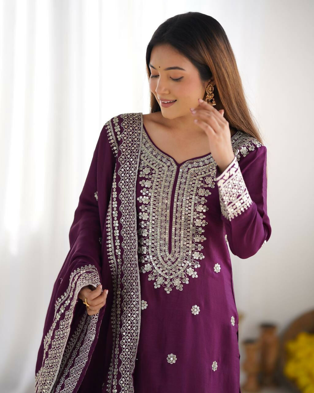 Joban Fashion Wine Kurta Set Silk Sequins , Zari, Coding & Thread Embroidered work