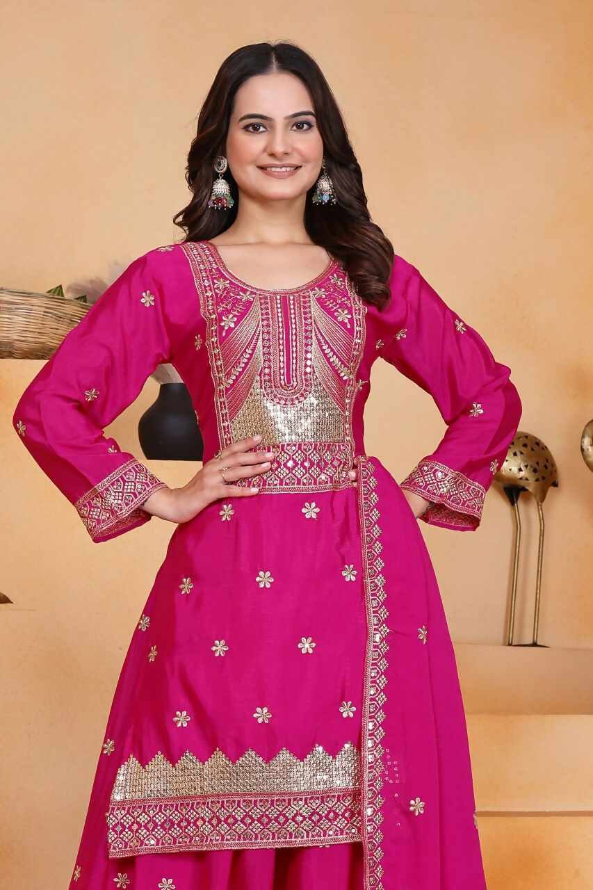Teeya Creation Pink Color Chinon Silk Wedding Wear Trending Palazzo Set