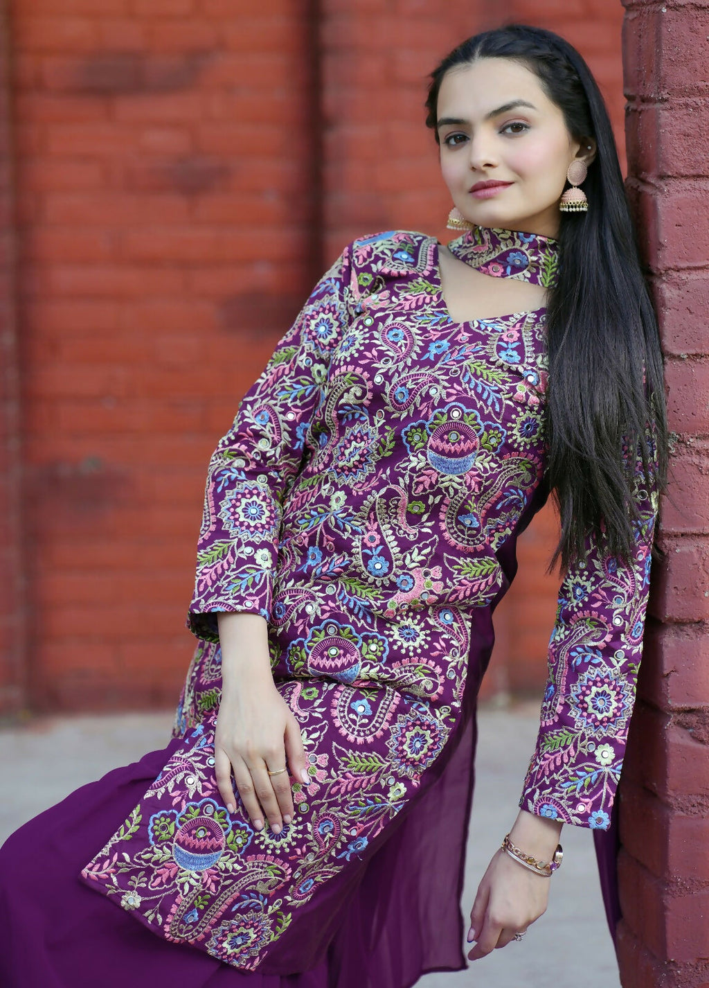 Teeya Creation Wine Color Tapeta Silk Embroidery Work Party Wear Palazzo Set