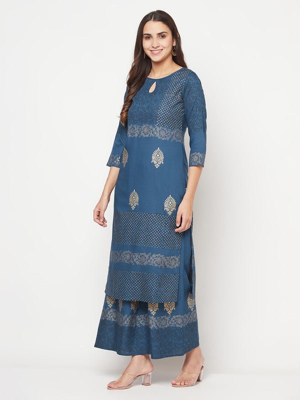 Aniyah Rayon Block Print Straight Blue Kurta