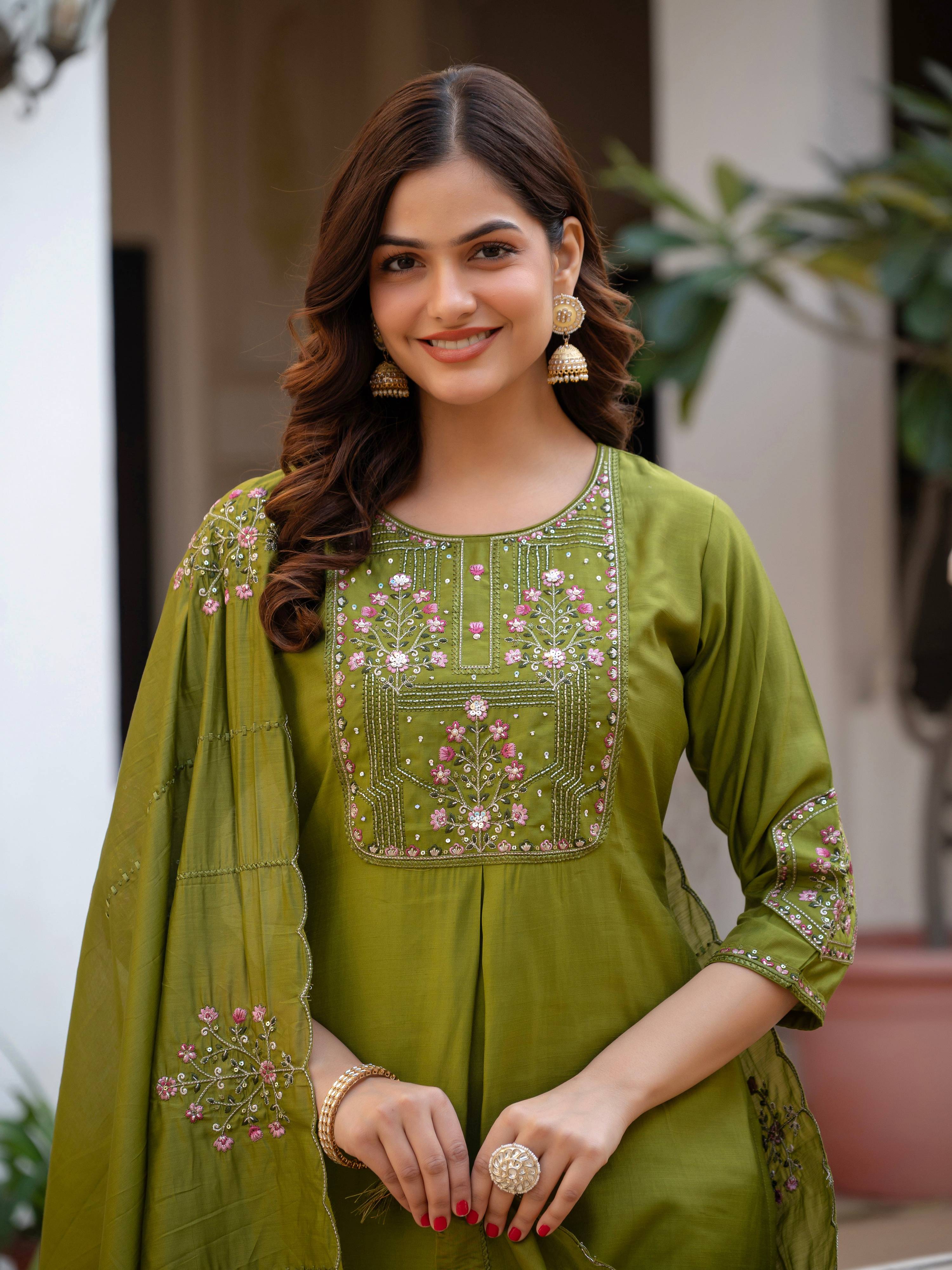 Pramukh Fab Olive Color Viscose Mango Silk Kurta Set