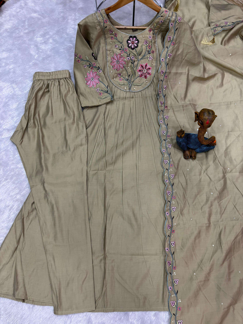 Pramukh Fab Pista Color Viscose Roman Silk Kurta Set