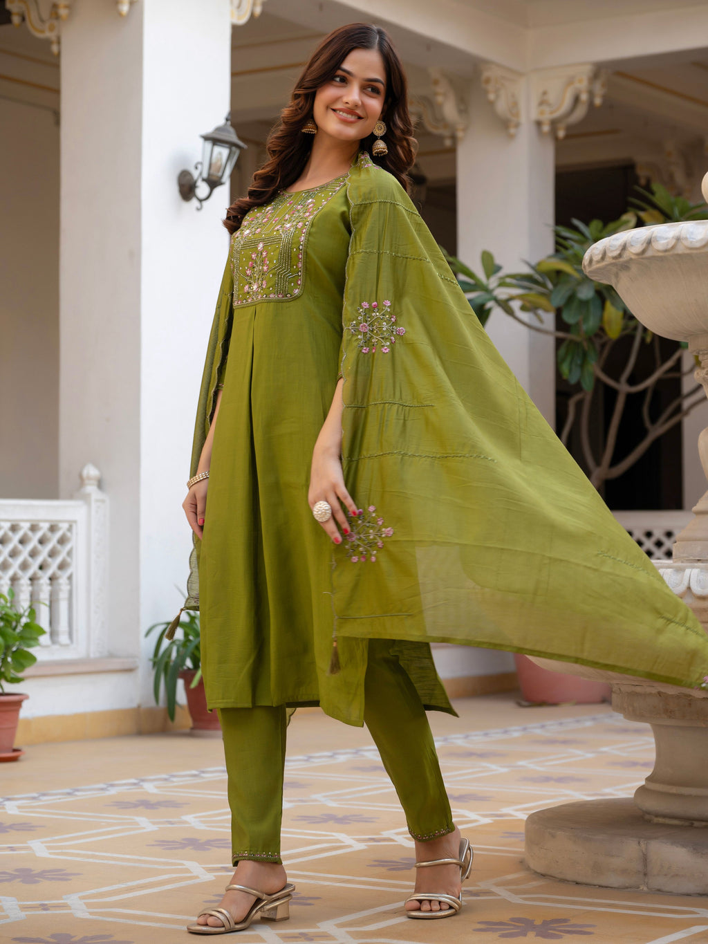 Pramukh Fab Olive Color Viscose Mango Silk Kurta Set