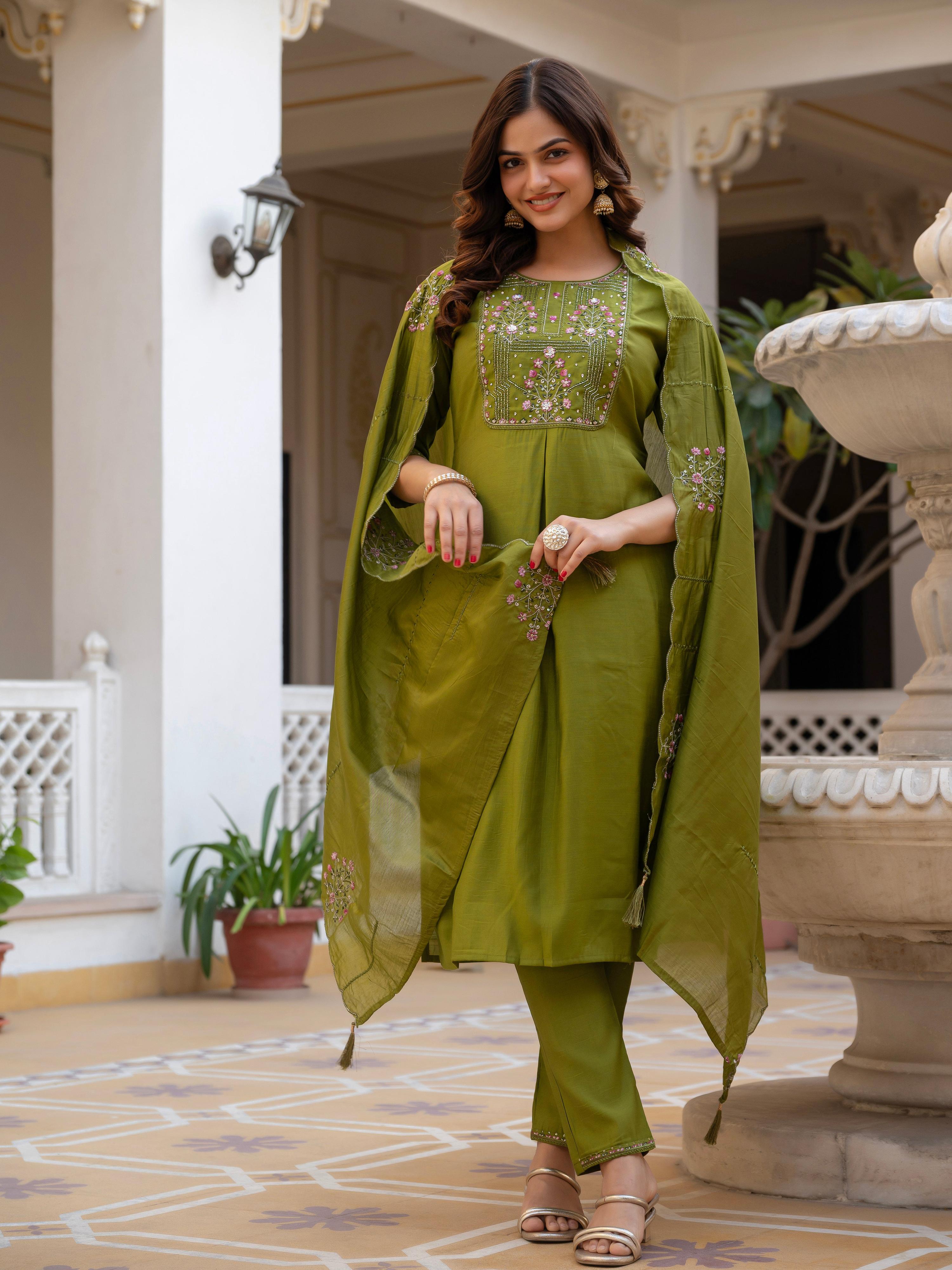 Pramukh Fab Olive Color Viscose Mango Silk Kurta Set
