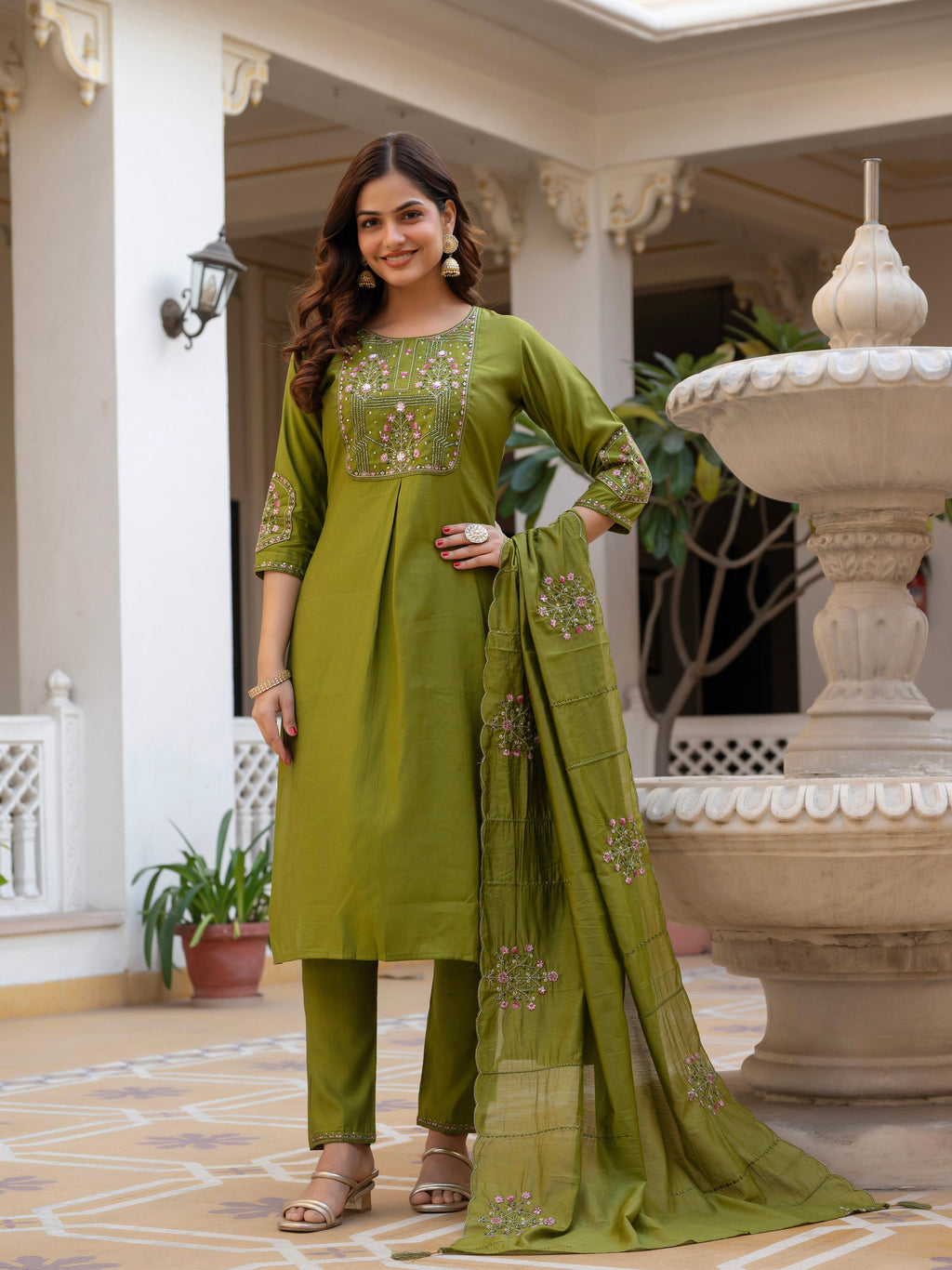 Pramukh Fab Olive Color Viscose Mango Silk Kurta Set