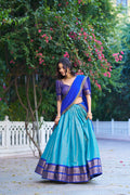 Lorenvalley Fashion Blue Kanchipuram Zari Weaving Work Lehenga Choli with Dupatta