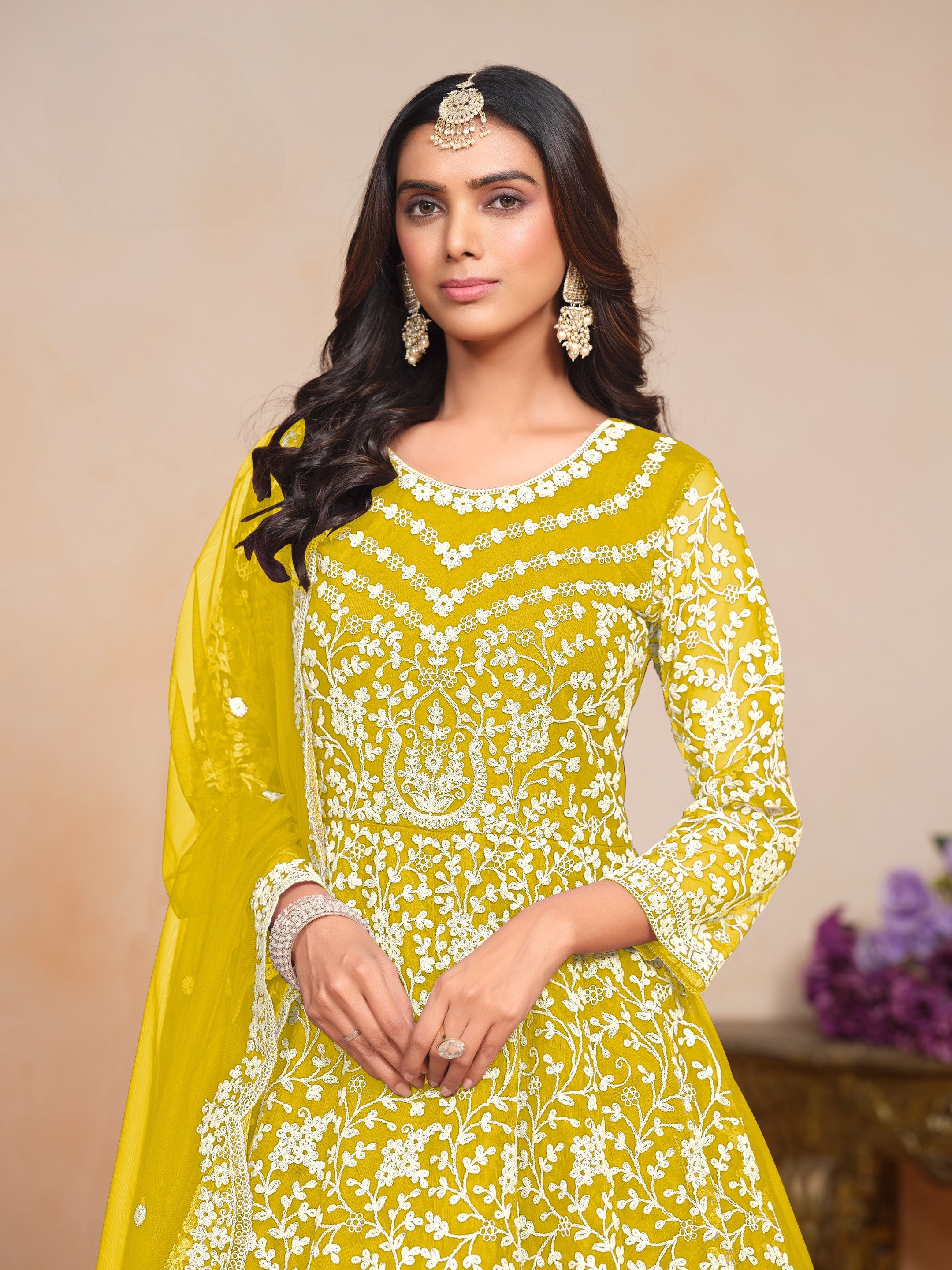 Anaita Yellow Embroidered Net Anarkali Suit