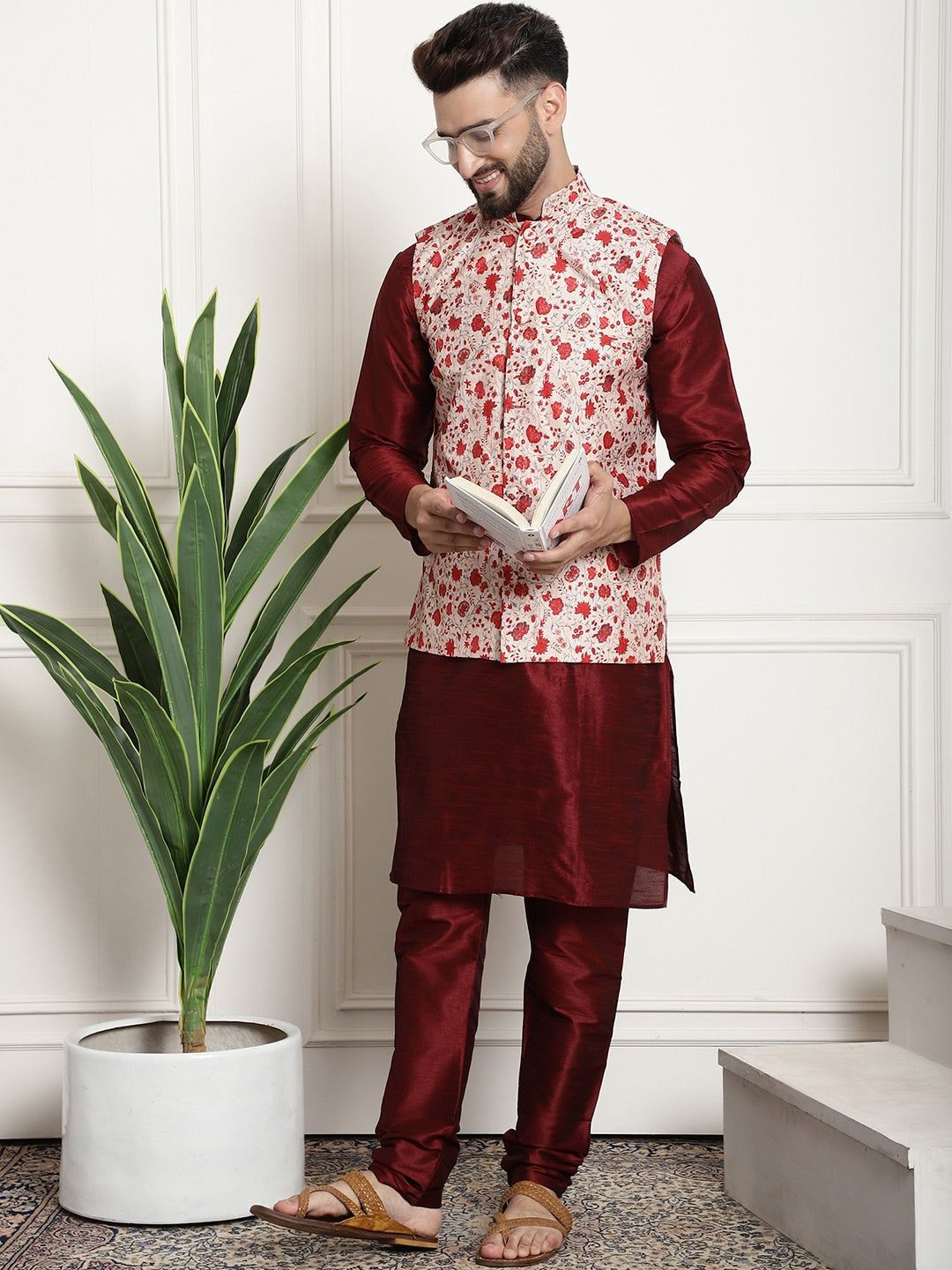 Sojanya Men Maroon & Beige Solid Kurta with Churidar & Printed Nehru Jacket