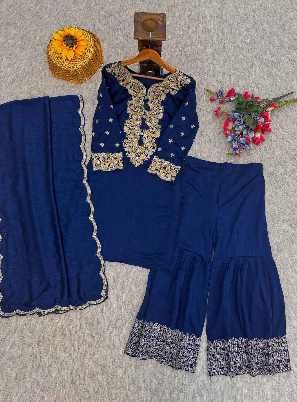 Evanik Women Navy Blue Floral Embroidered Kurta Sharara Dupatta Set