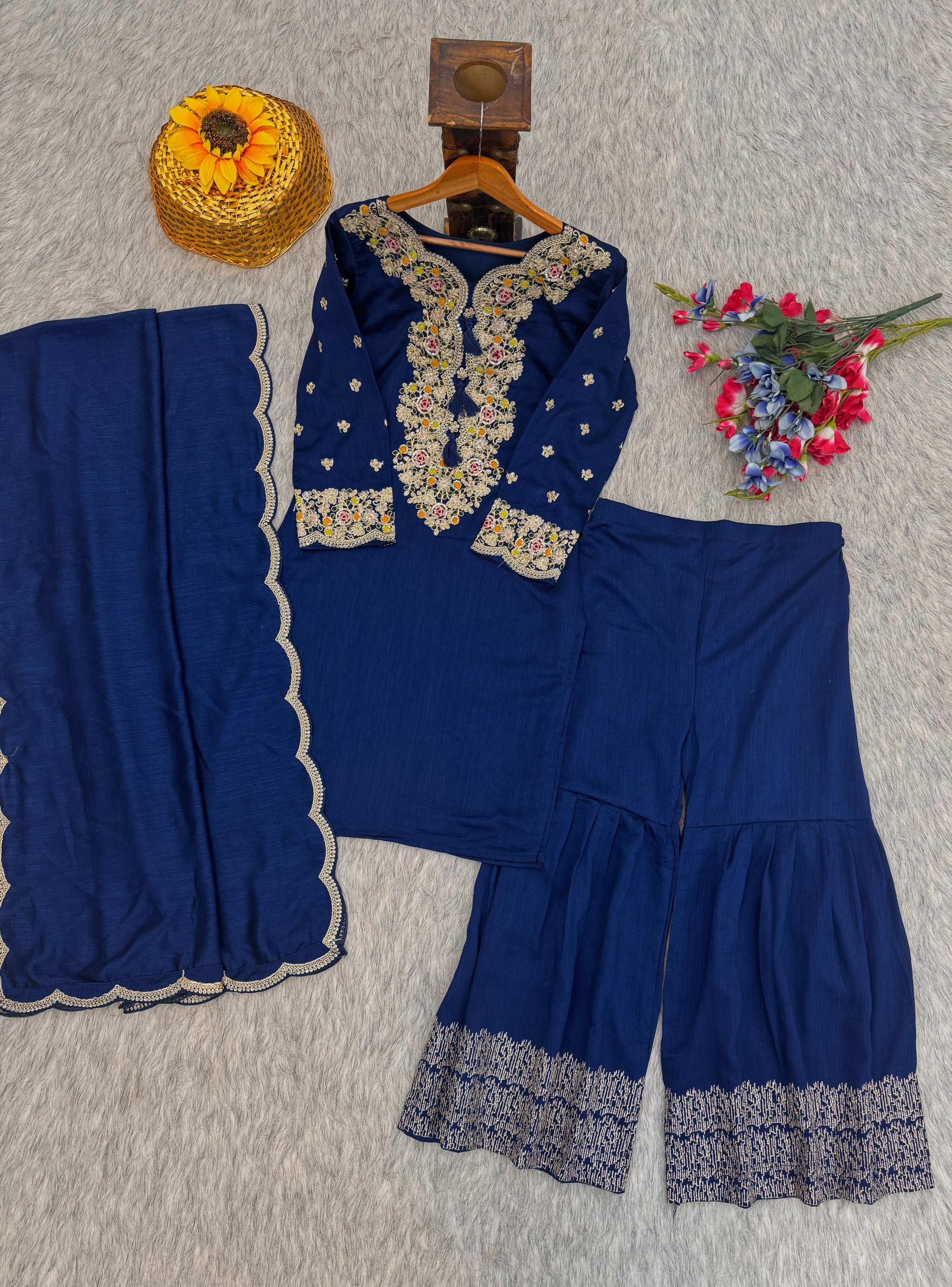 Evanik Women Navy Blue Floral Embroidered Kurta Sharara Dupatta Set