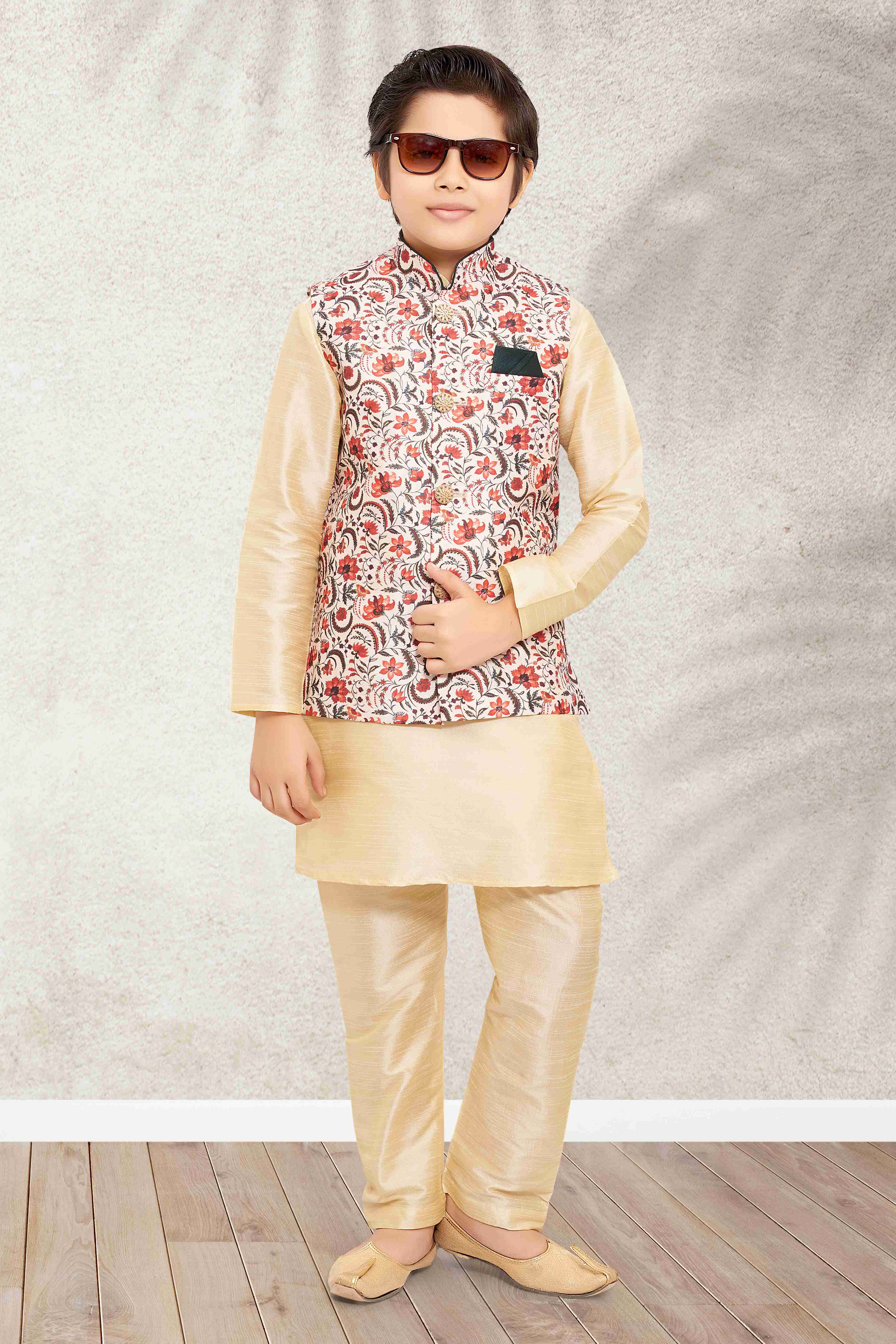 Raivat Ethnic Banarasi Silk Digital Printed Kurta Pajama With Jacket In Cream Colour