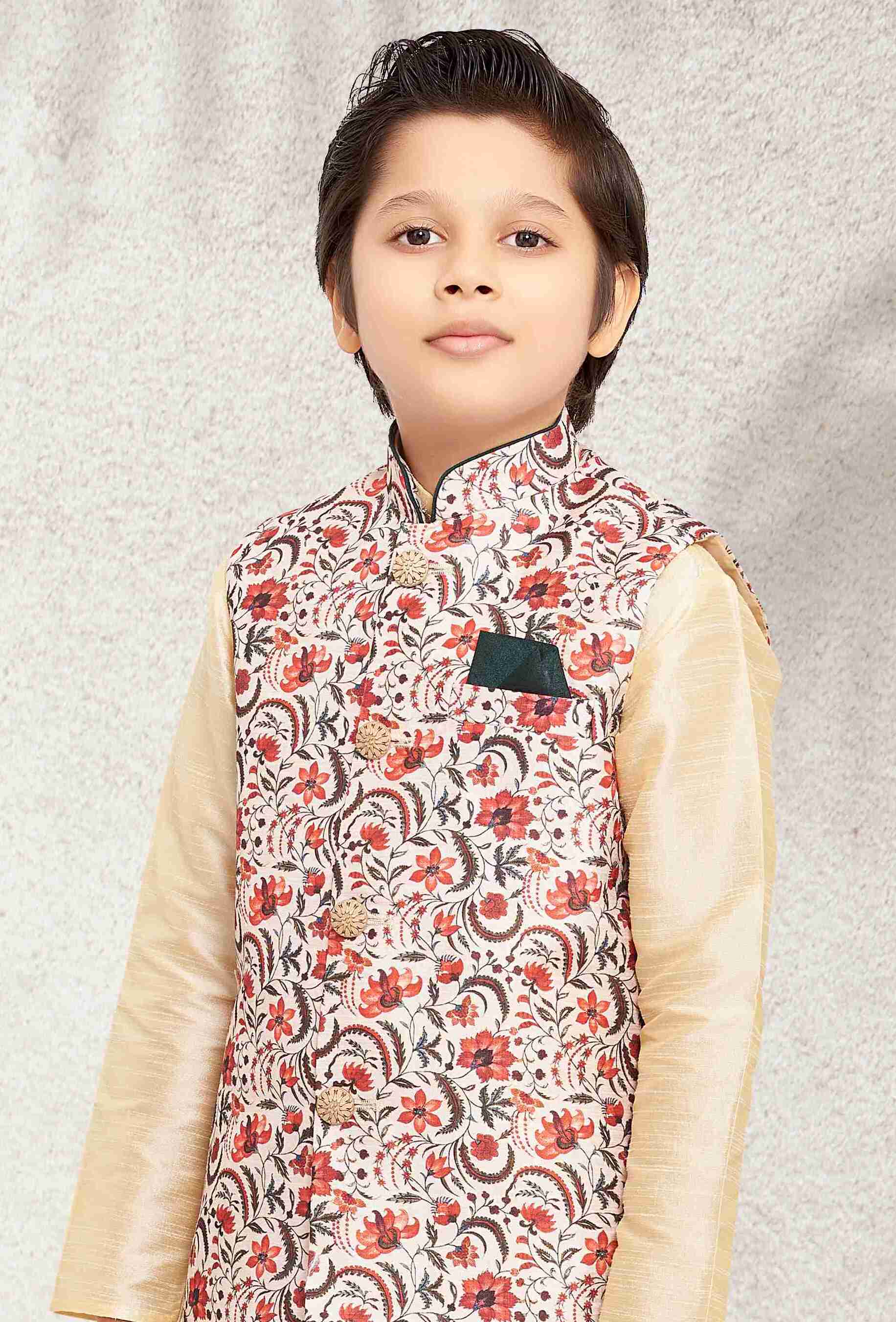 Raivat Ethnic Banarasi Silk Digital Printed Kurta Pajama With Jacket In Cream Colour