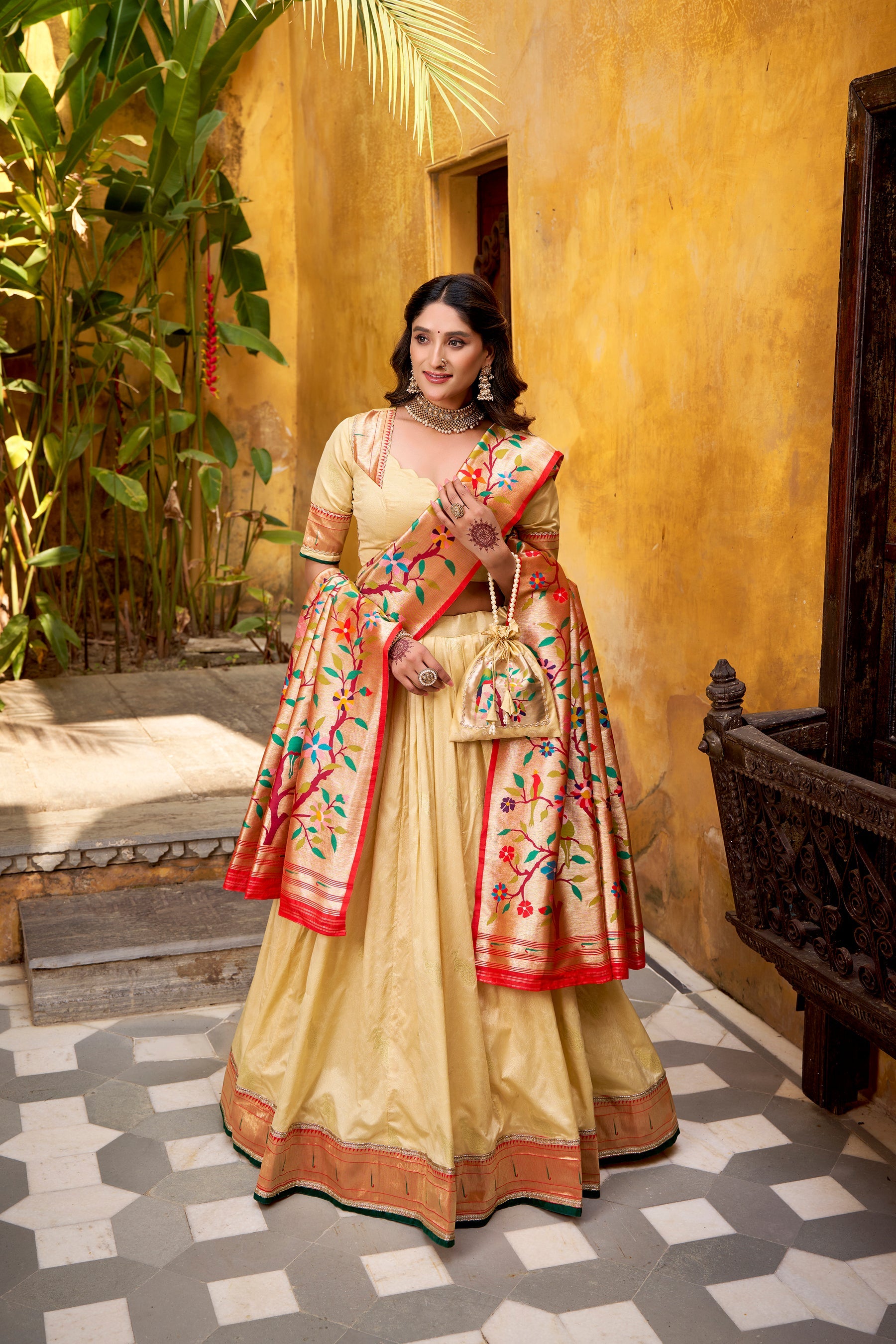Lorenvalley Fashion Cream Silk Paithani Zari Weaving Work With Lace Border Lehenga Choli with Dupatta