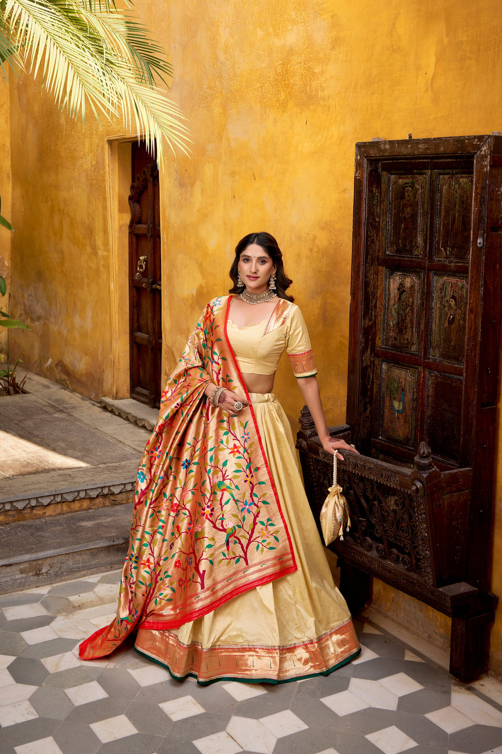 Lorenvalley Fashion Cream Silk Paithani Zari Weaving Work With Lace Border Lehenga Choli with Dupatta