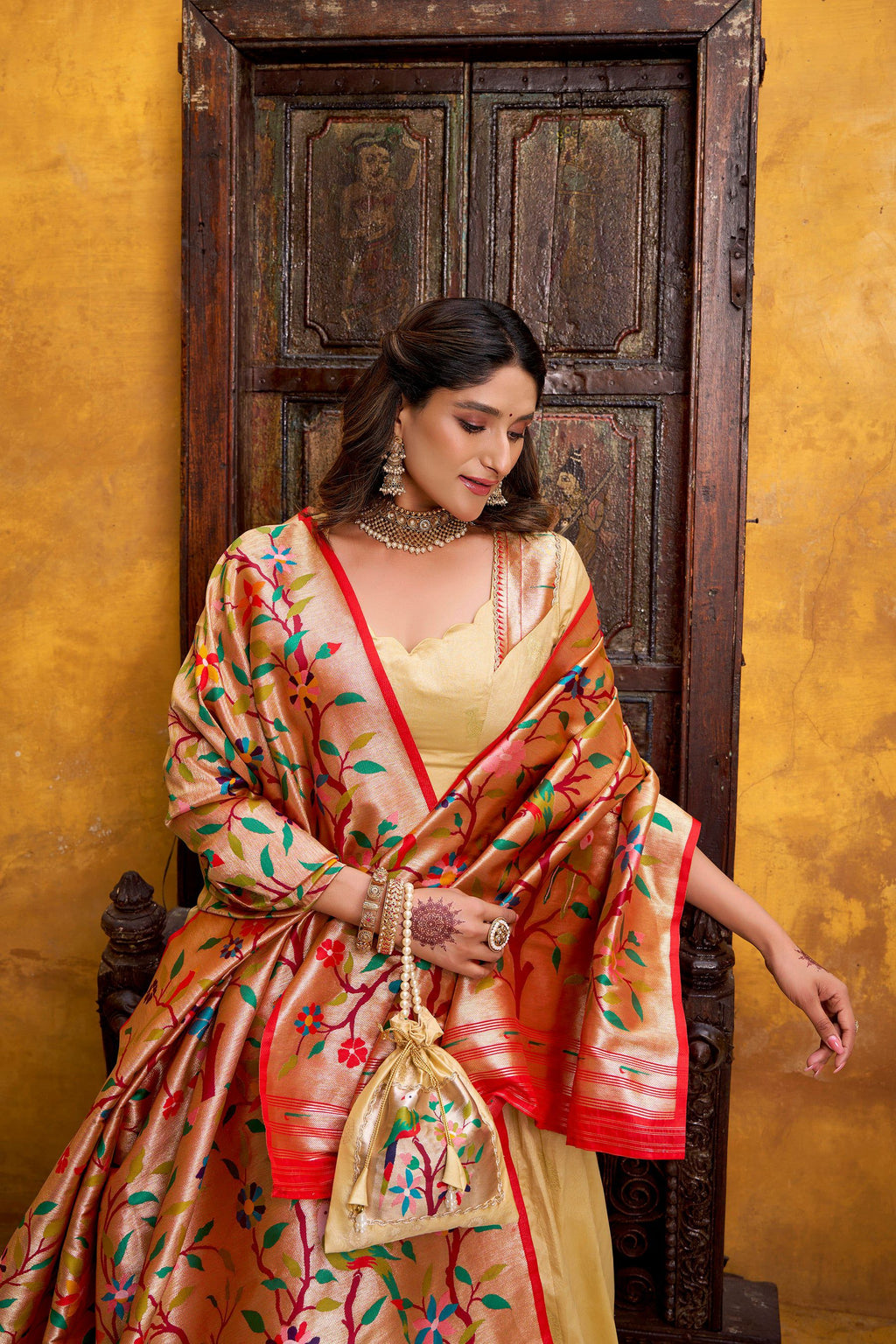Lorenvalley Fashion Cream Silk Paithani Zari Weaving Work With Lace Border Lehenga Choli with Dupatta