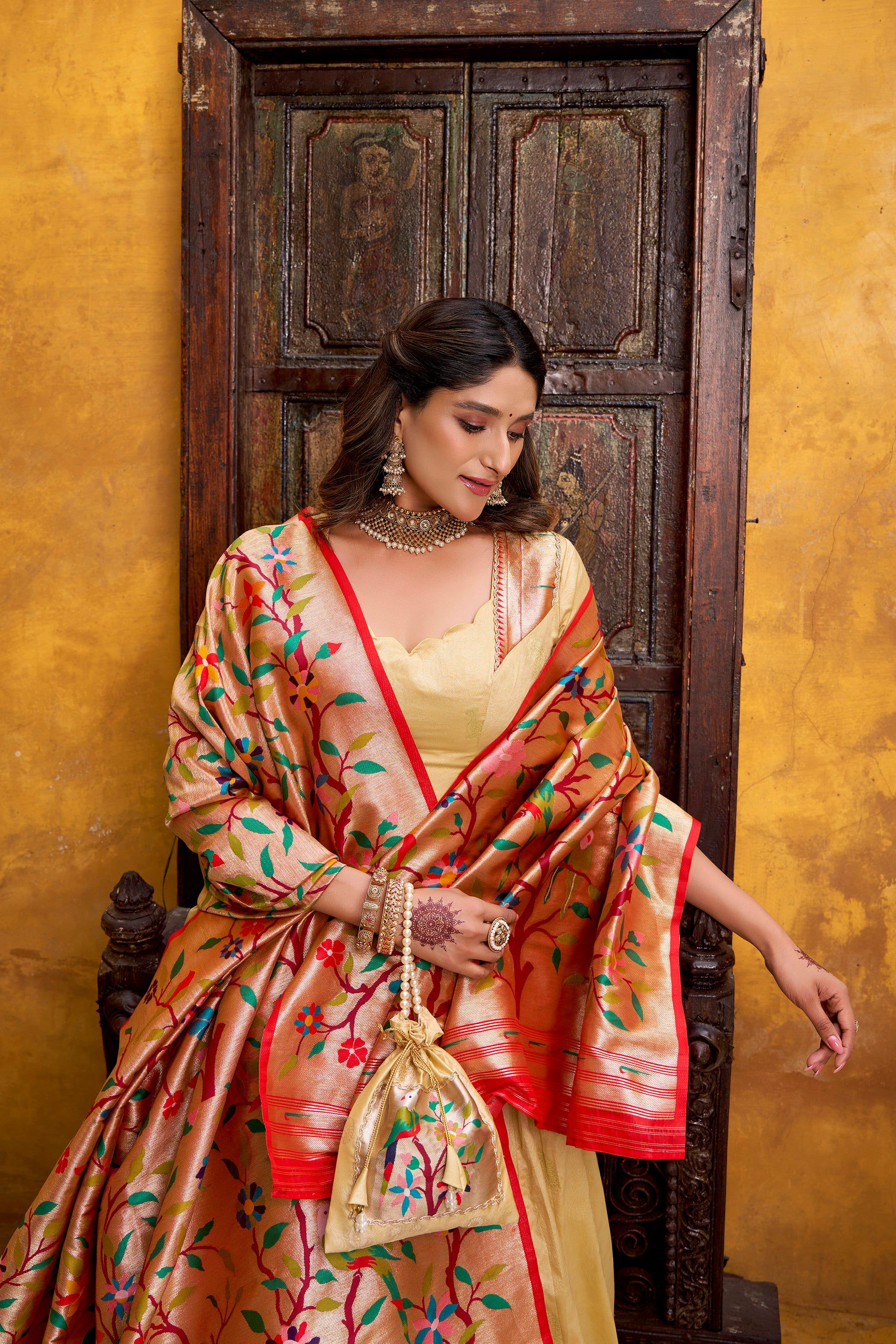 Lorenvalley Fashion Cream Silk Paithani Zari Weaving Work With Lace Border Lehenga Choli with Dupatta