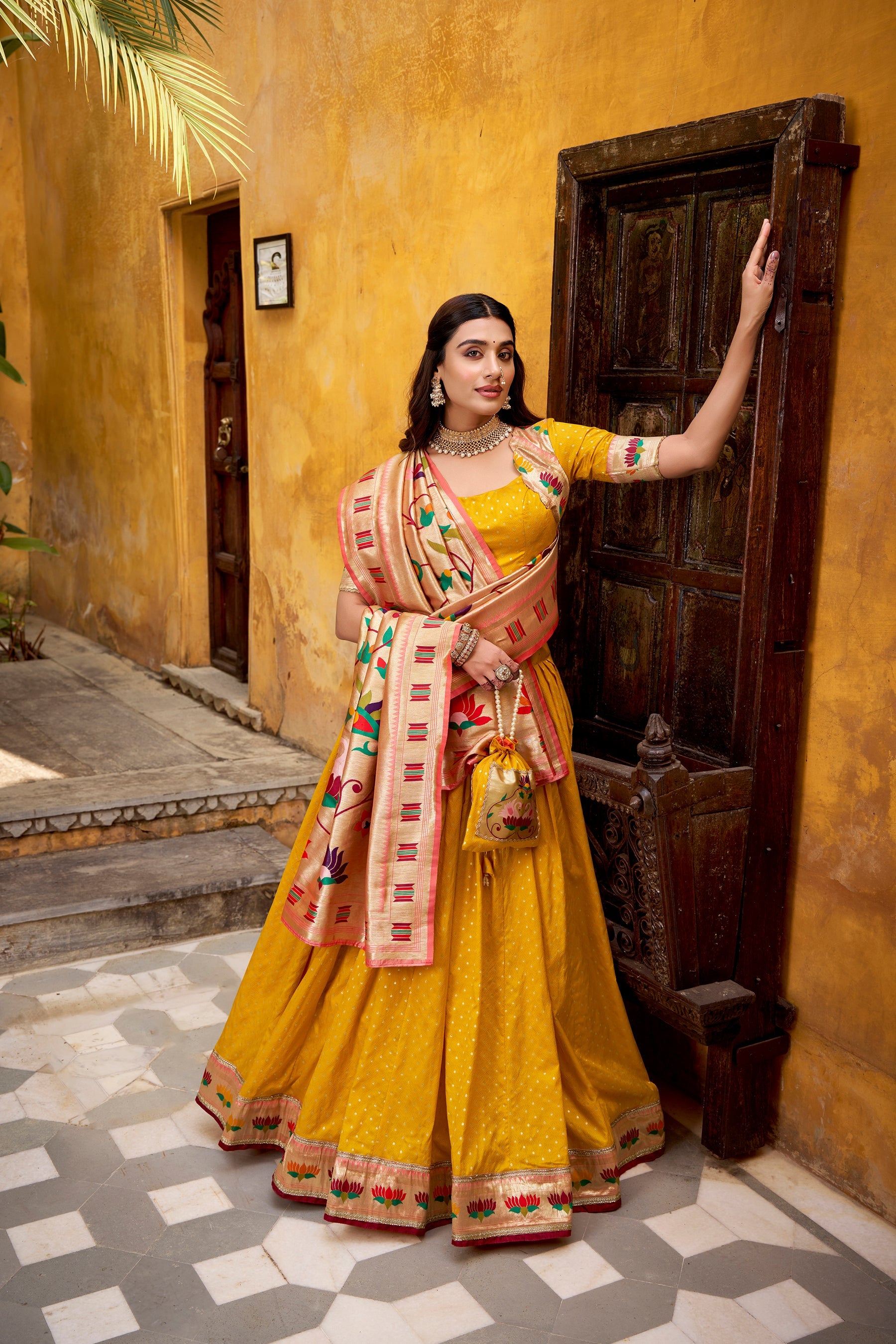 Lorenvalley Fashion Yellow Silk Paithani Zari Weaving Work With Lace Border Lehenga Choli with Dupatta
