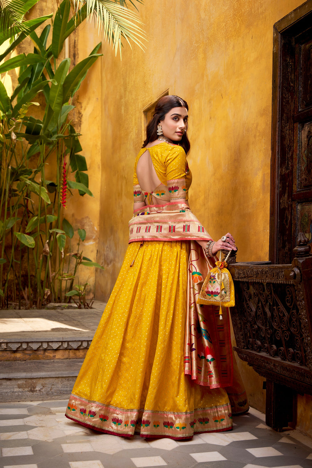 Lorenvalley Fashion Yellow Silk Paithani Zari Weaving Work With Lace Border Lehenga Choli with Dupatta