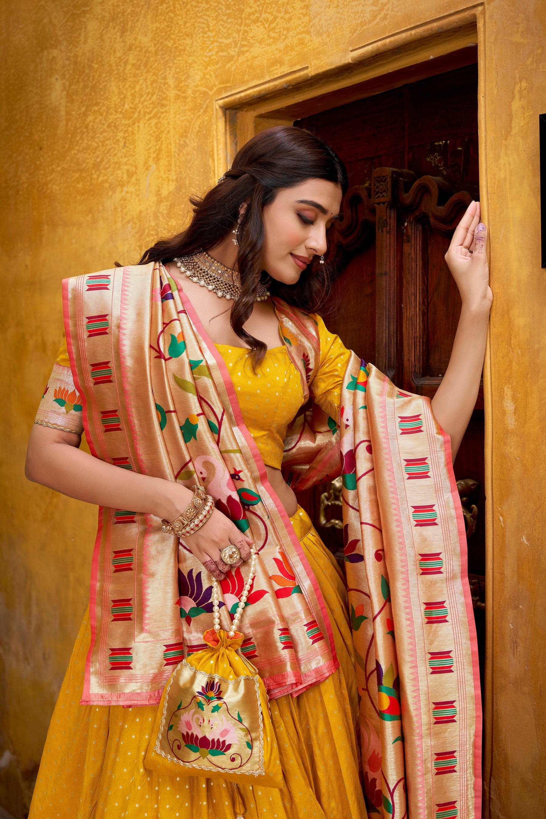 Lorenvalley Fashion Yellow Silk Paithani Zari Weaving Work With Lace Border Lehenga Choli with Dupatta