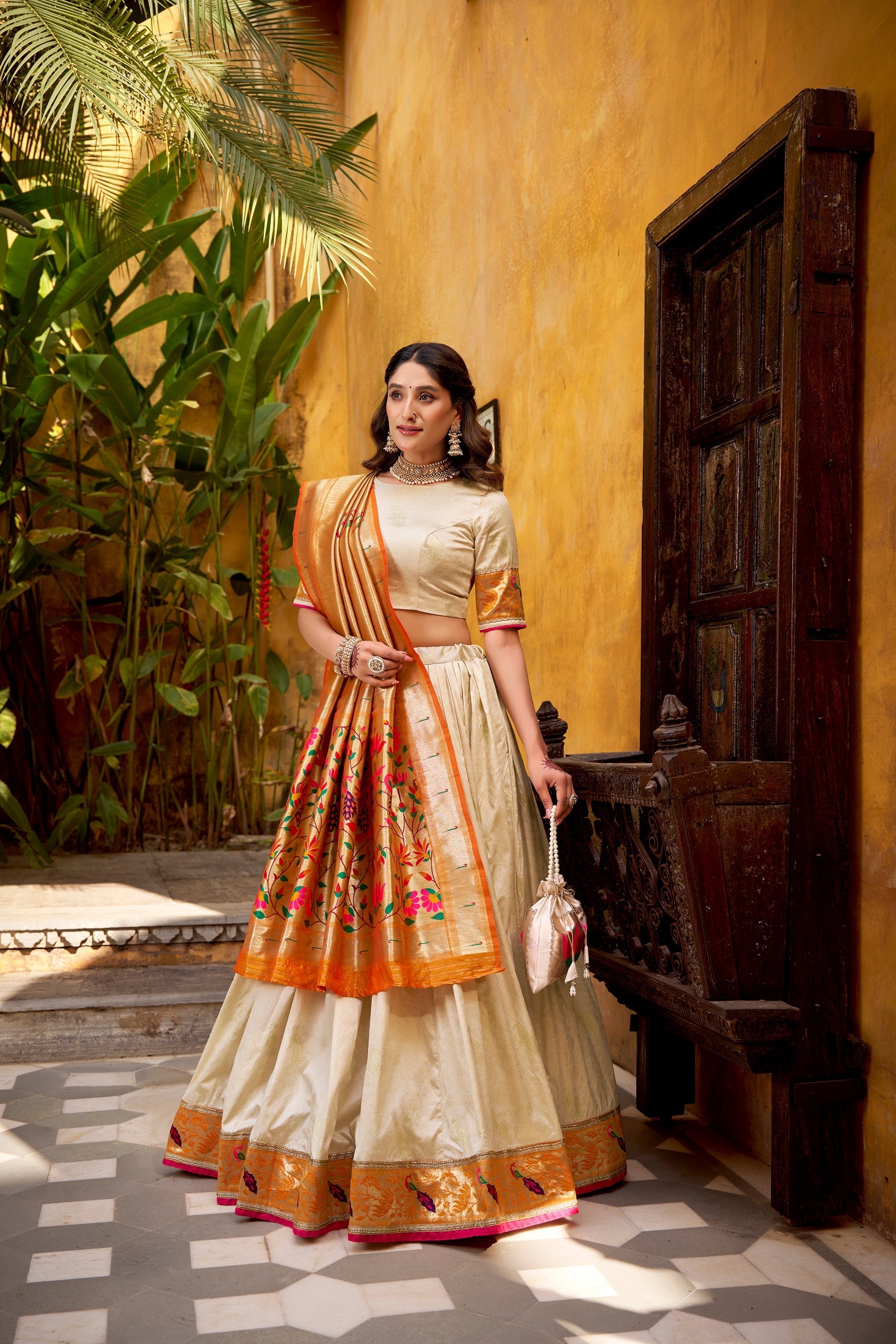 Lorenvalley Fashion Off White Silk Paithani Zari Weaving Work With Lace Border Lehenga Choli with Dupatta